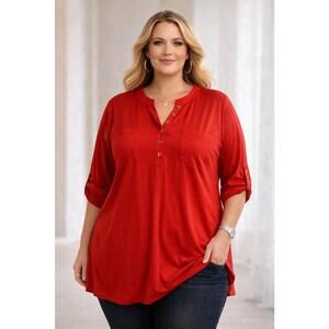 Anne Klein Women’s Red Blouse Size L Short Sleeve V-Neck Front Pockets